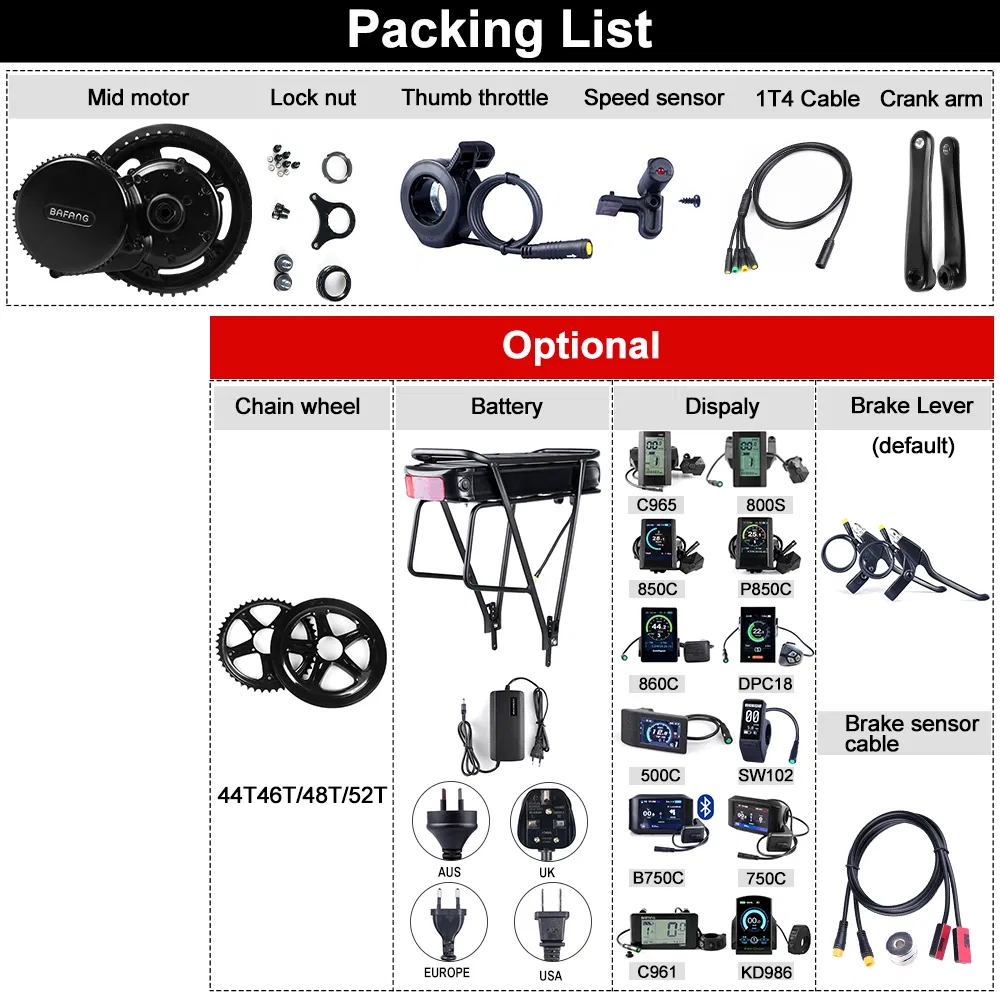 48V 350W Bafang BBS01b MID Drive Motor Electric Bike Conversion Kit with Rack Battery