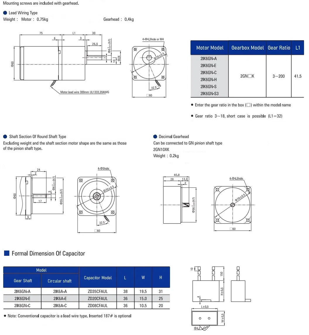 Zd Lead Wire Type Micro 60mm AC Induction Gear Motor